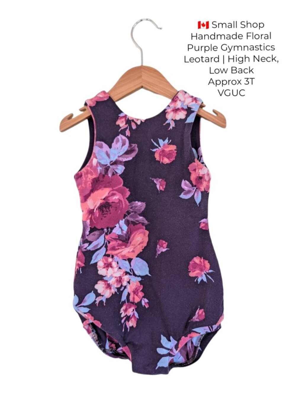 Small Shop Handmade Floral Purple Gymnastics Leotard | High Neck, Low Back 3T